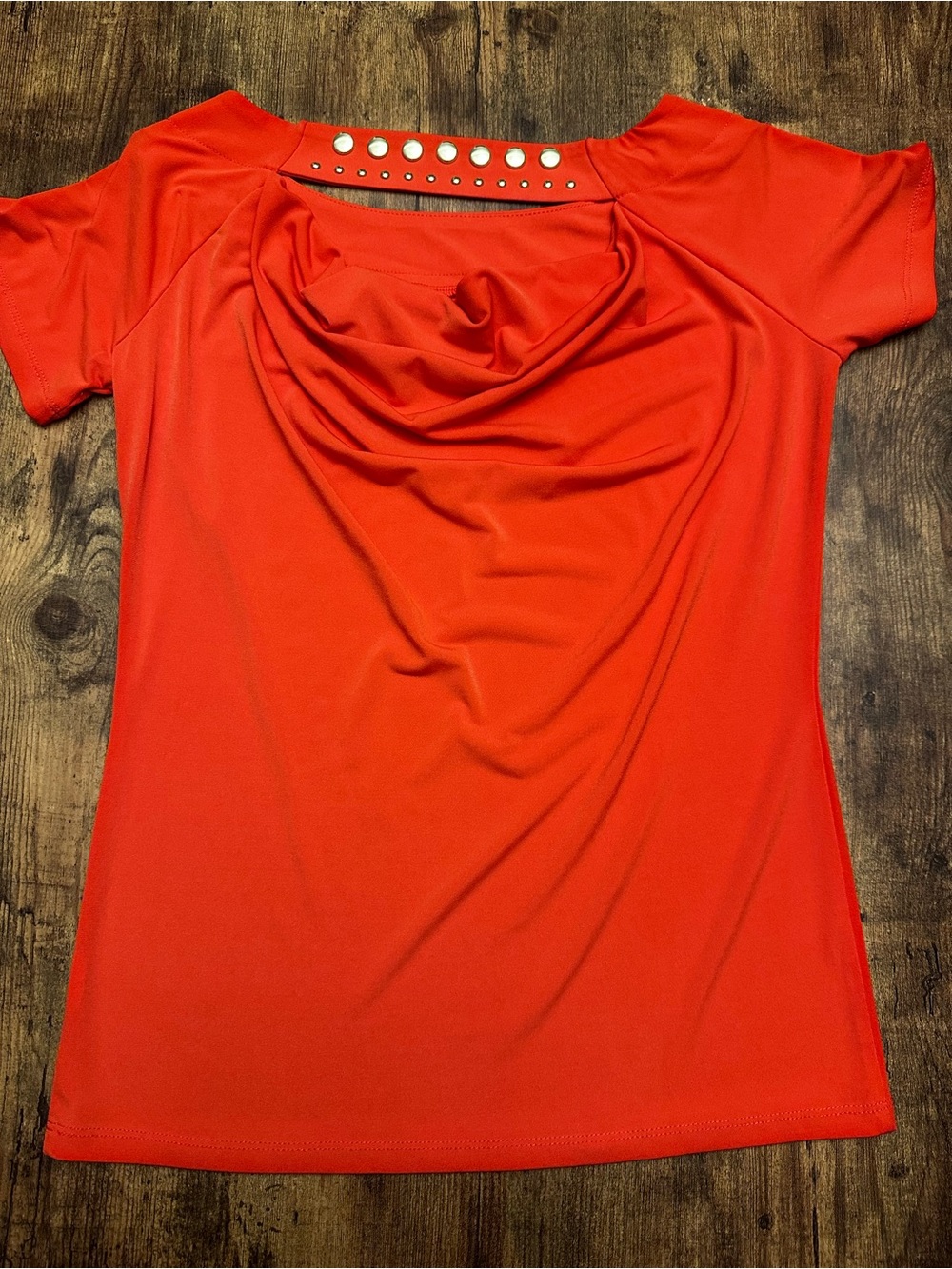 Michael Kors Bright Orange Short-Sleeve Draped Neck Top with brass Stud Accents